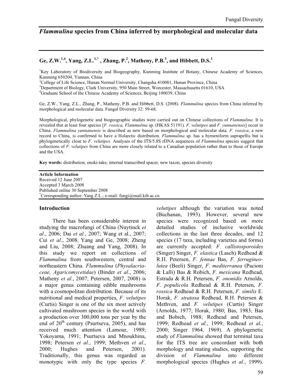 Flammulina Species from China Inferred by Morphological and Molecular Data