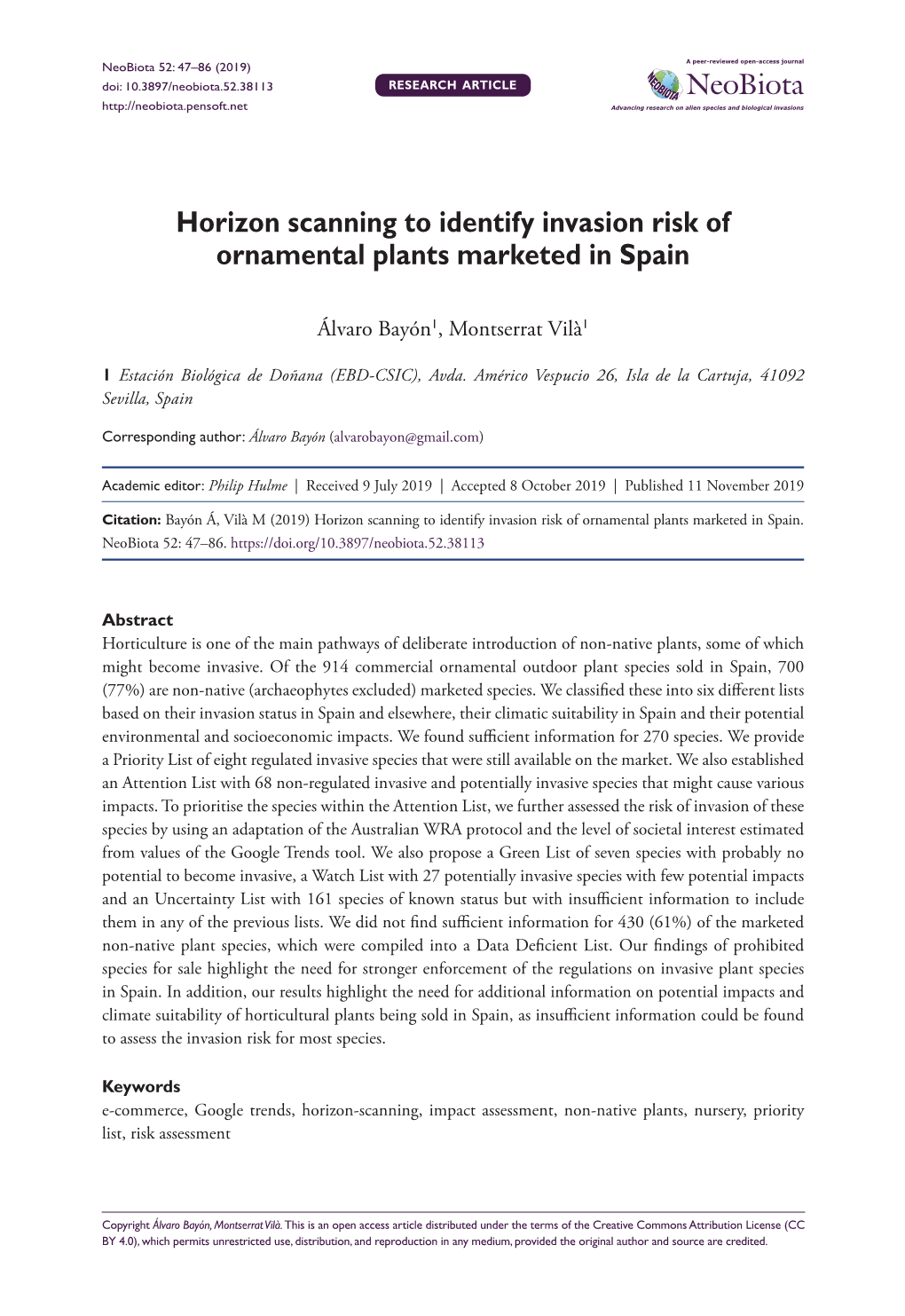 ﻿Horizon Scanning to Identify Invasion Risk of Ornamental