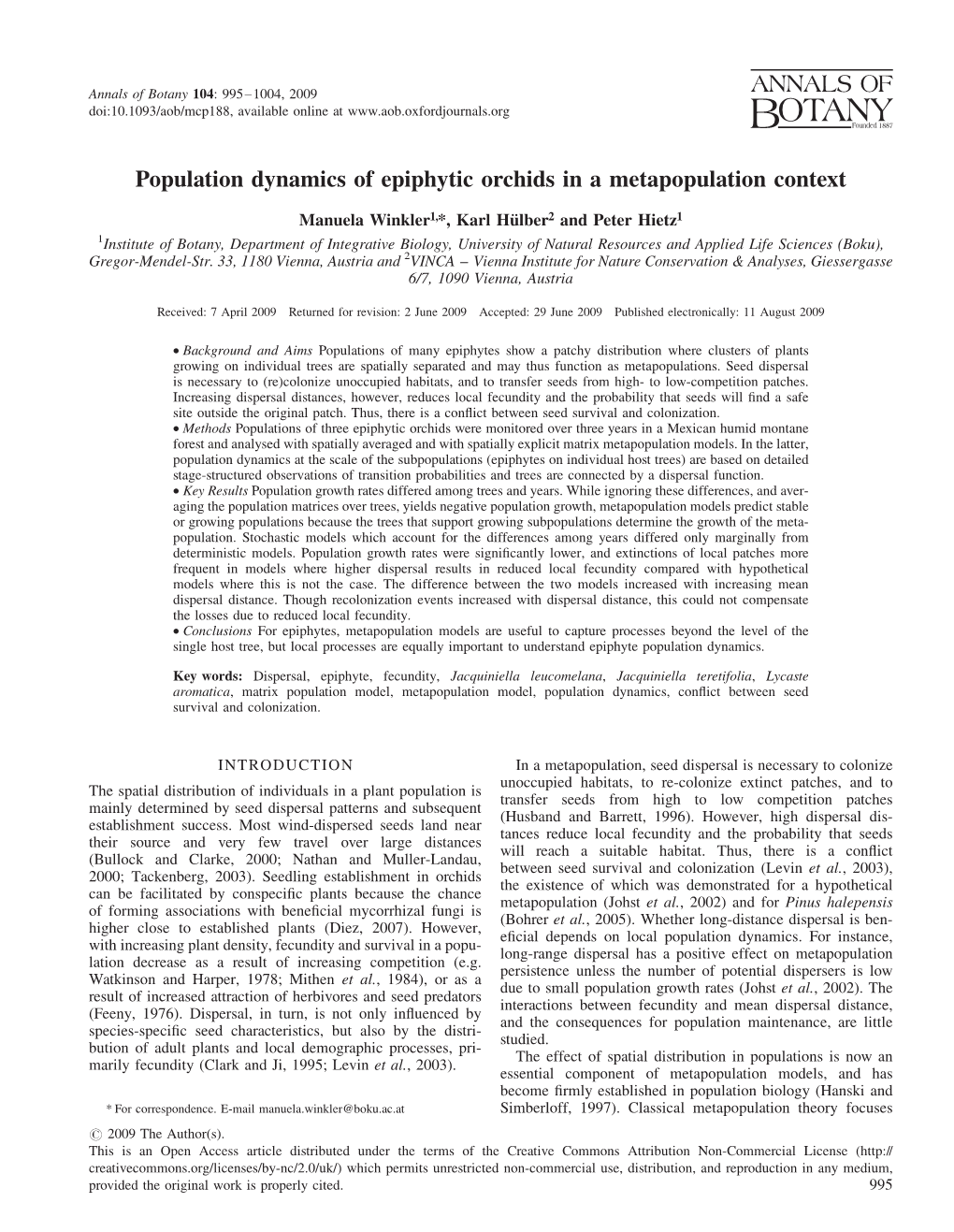 Population Dynamics of Epiphytic Orchids in a Metapopulation Context