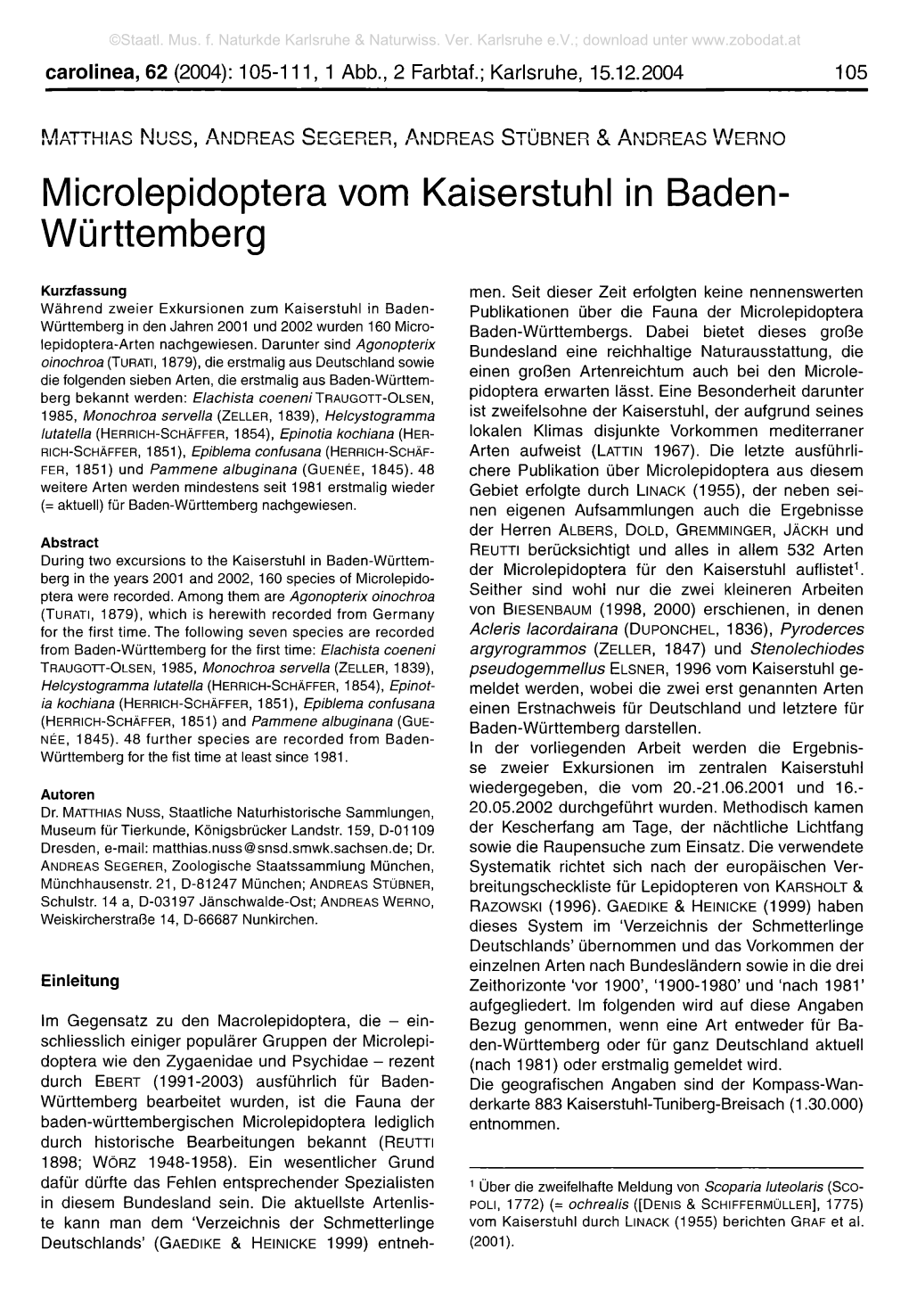 Microlepidoptera Vom Kaiserstuhl in Baden- Württemberg