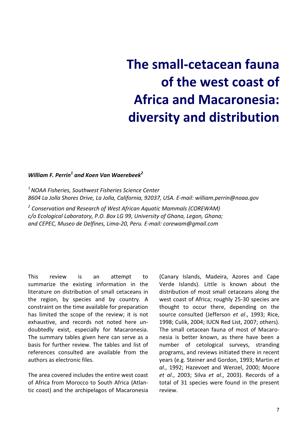 The Small-Cetacean Fauna of the West Coast of Africa and Macaronesia: Diversity and Distribution