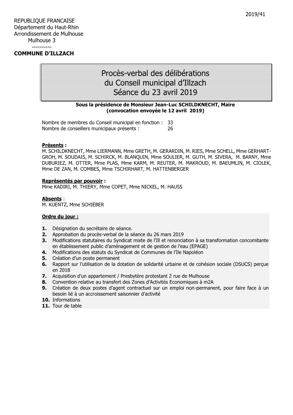 Procès-Verbal Des Délibérations Du Conseil Municipal D’Illzach Séance Du 23 Avril 2019