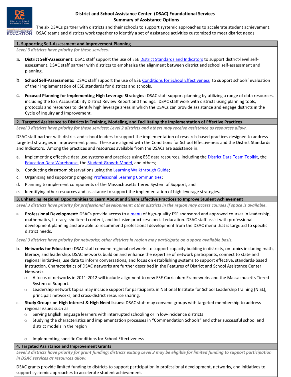 DSAC Foundational Services, Summary of Assistance Options, January 2012