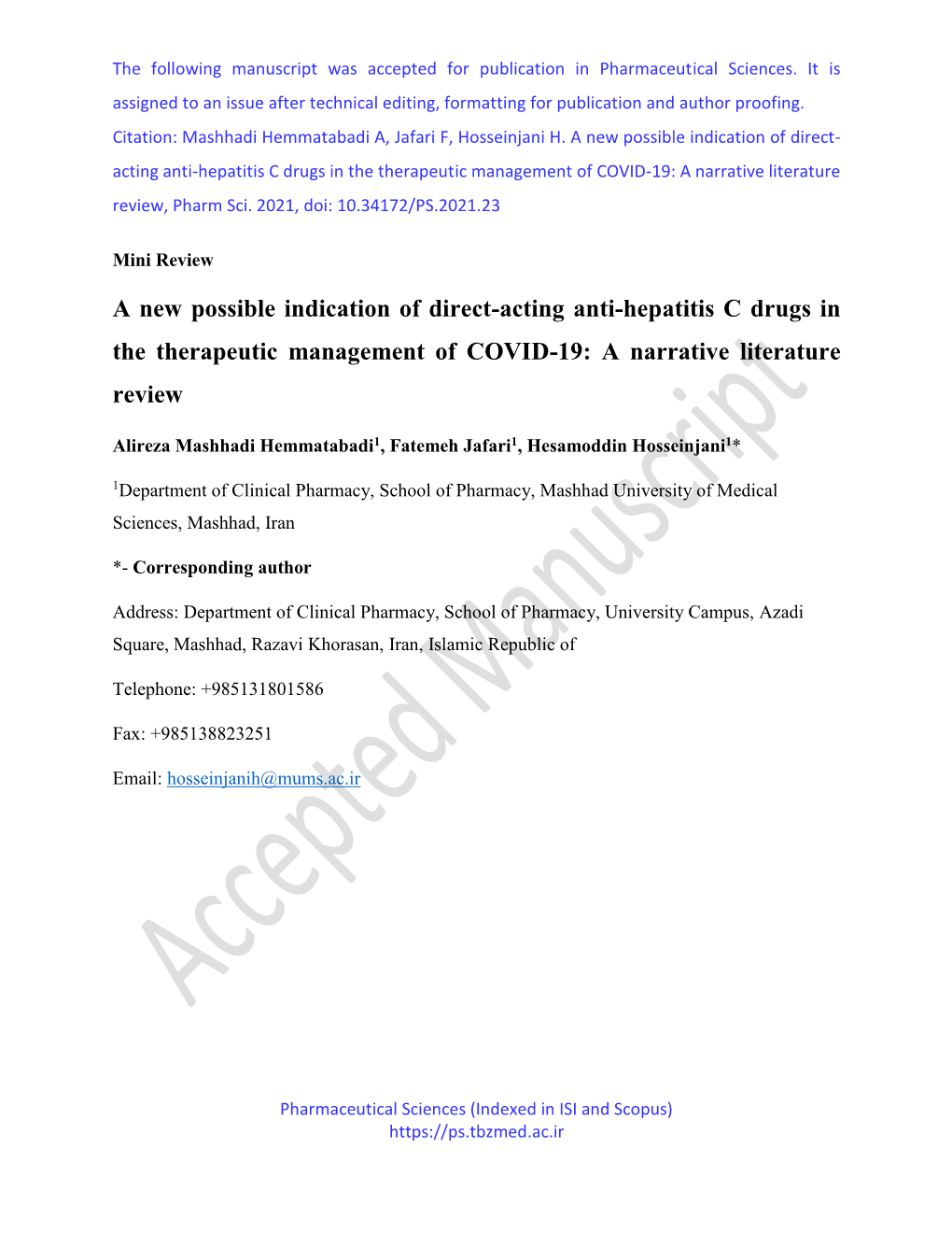 A New Possible Indication of Direct- Acting Anti-Hepatitis C Drugs in the Therapeutic Management of COVID-19: a Narrative Literature Review, Pharm Sci