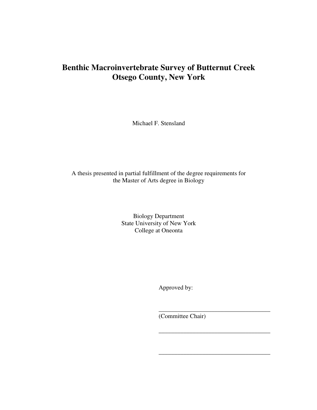 Benthic Macroinvertebrate Survey of Butternut Creek Otsego County, New York