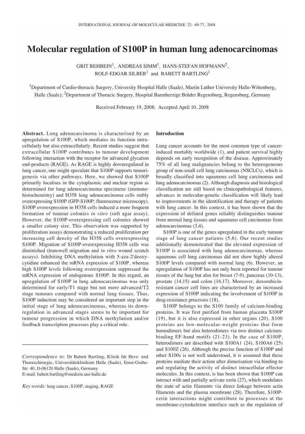 Molecular Regulation of S100P in Human Lung Adenocarcinomas