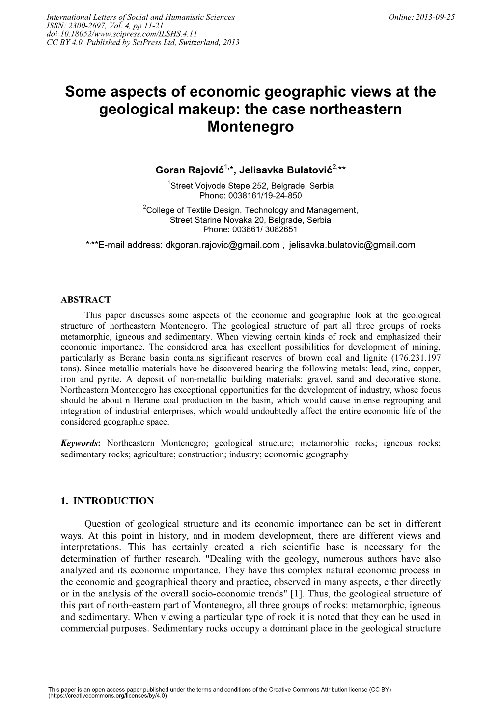 Some Aspects of Economic Geographic Views at the Geological Makeup: the Case Northeastern Montenegro
