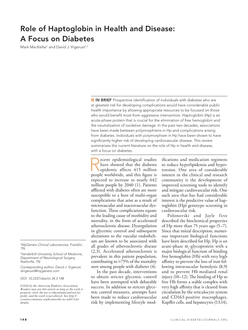 Role of Haptoglobin in Health and Disease: a Focus on Diabetes Mark Mackellar1 and David J