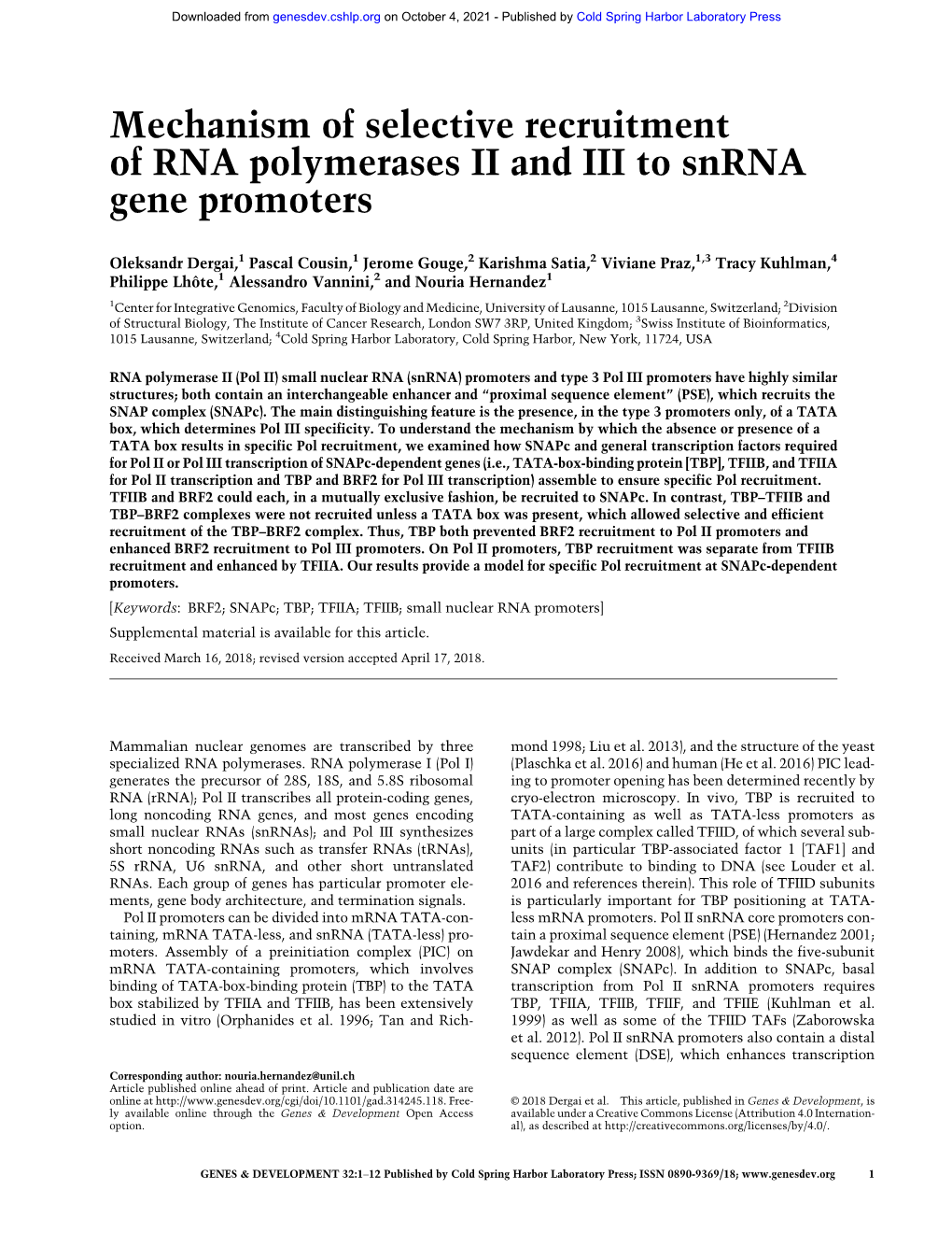 Mechanism of Selective Recruitment of RNA Polymerases II and III to Snrna Gene Promoters