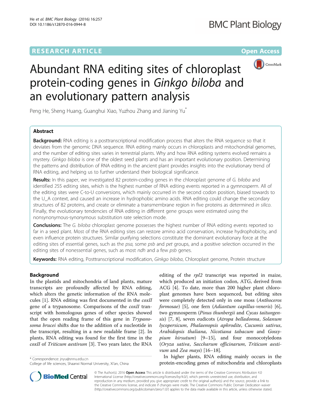 Abundant RNA Editing Sites of Chloroplast Protein-Coding Genes In
