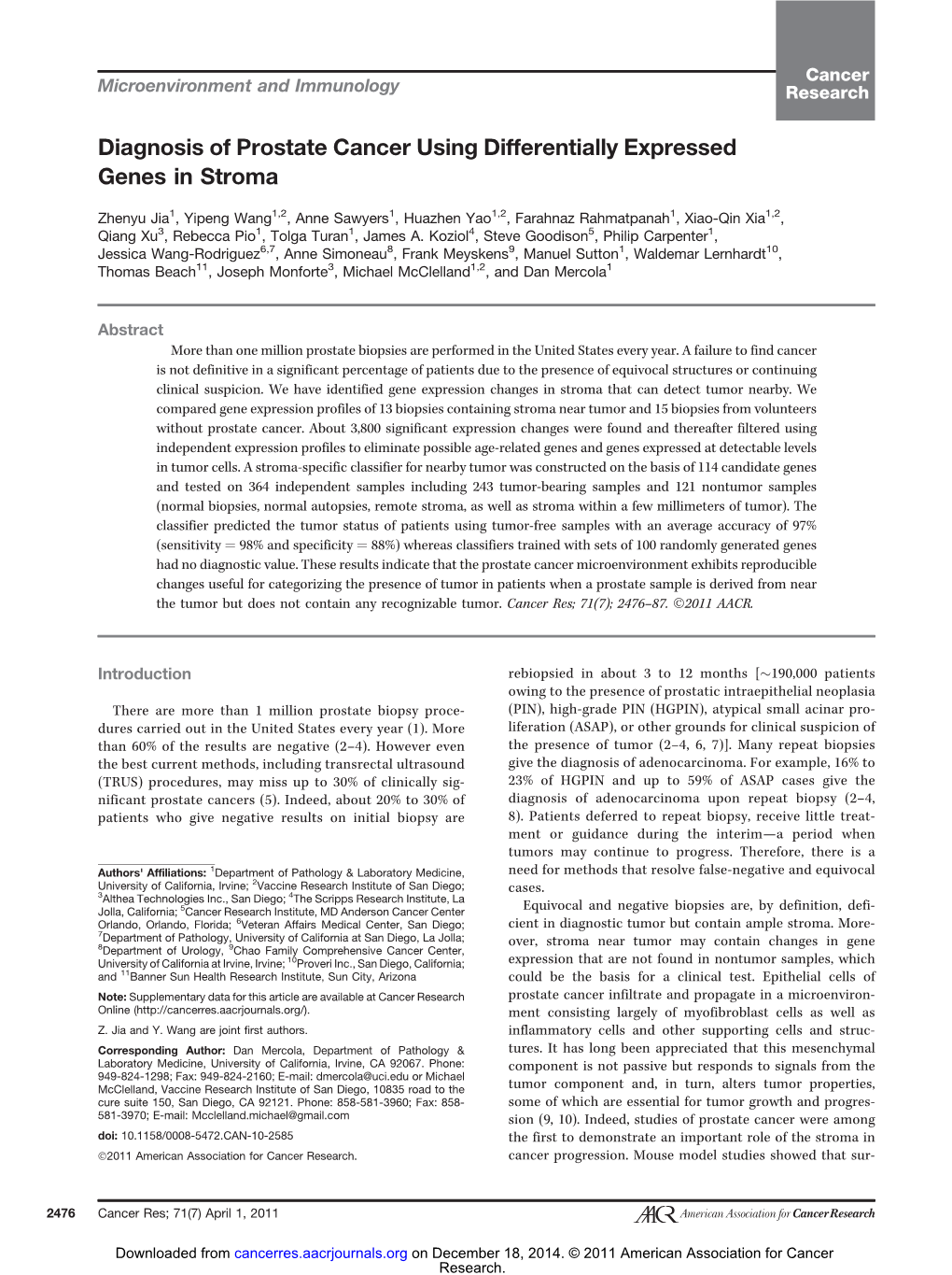 Diagnosis of Prostate Cancer Using Differentially Expressed Genes in Stroma