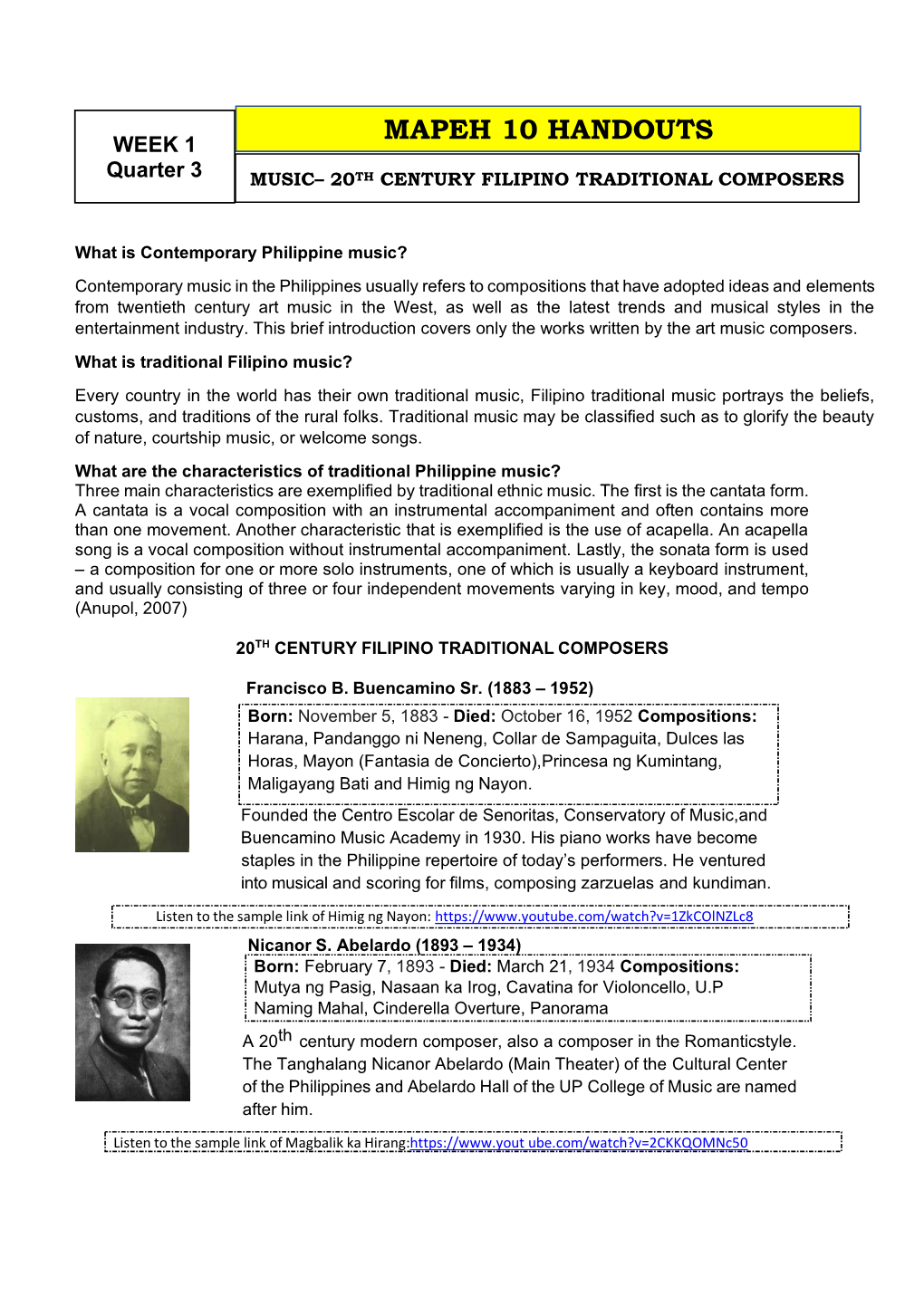 MAPEH 10 HANDOUTS WEEK 1 Quarter 3 MUSIC– 20TH CENTURY FILIPINO TRADITIONAL COMPOSERS