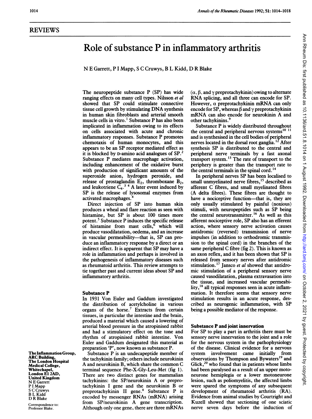 Role of Substance P in Inflammatory Arthritis