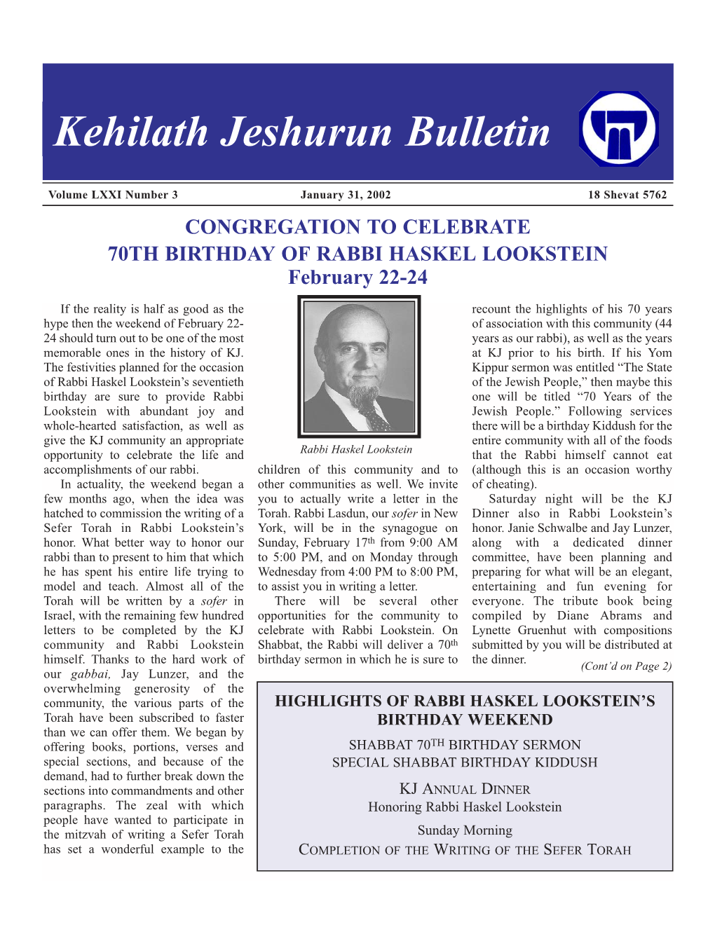 Kehilath Jeshurun Bulletin