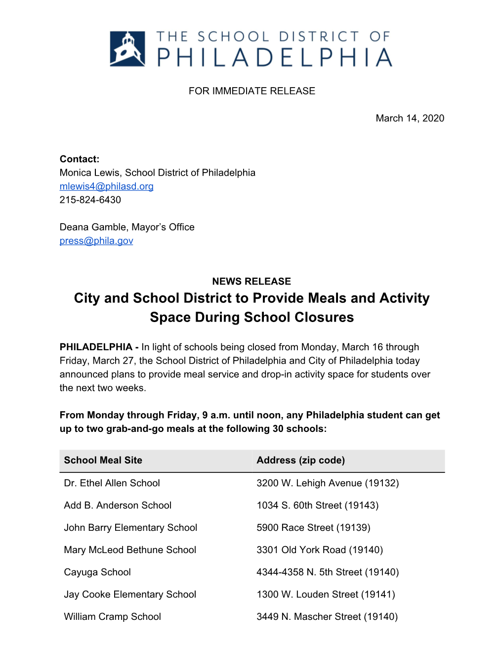 City and School District to Provide Meals and Activity Space During School Closures