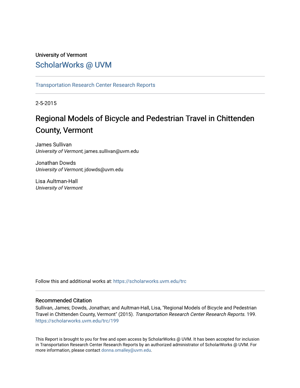 Regional Models of Bicycle and Pedestrian Travel in Chittenden County, Vermont