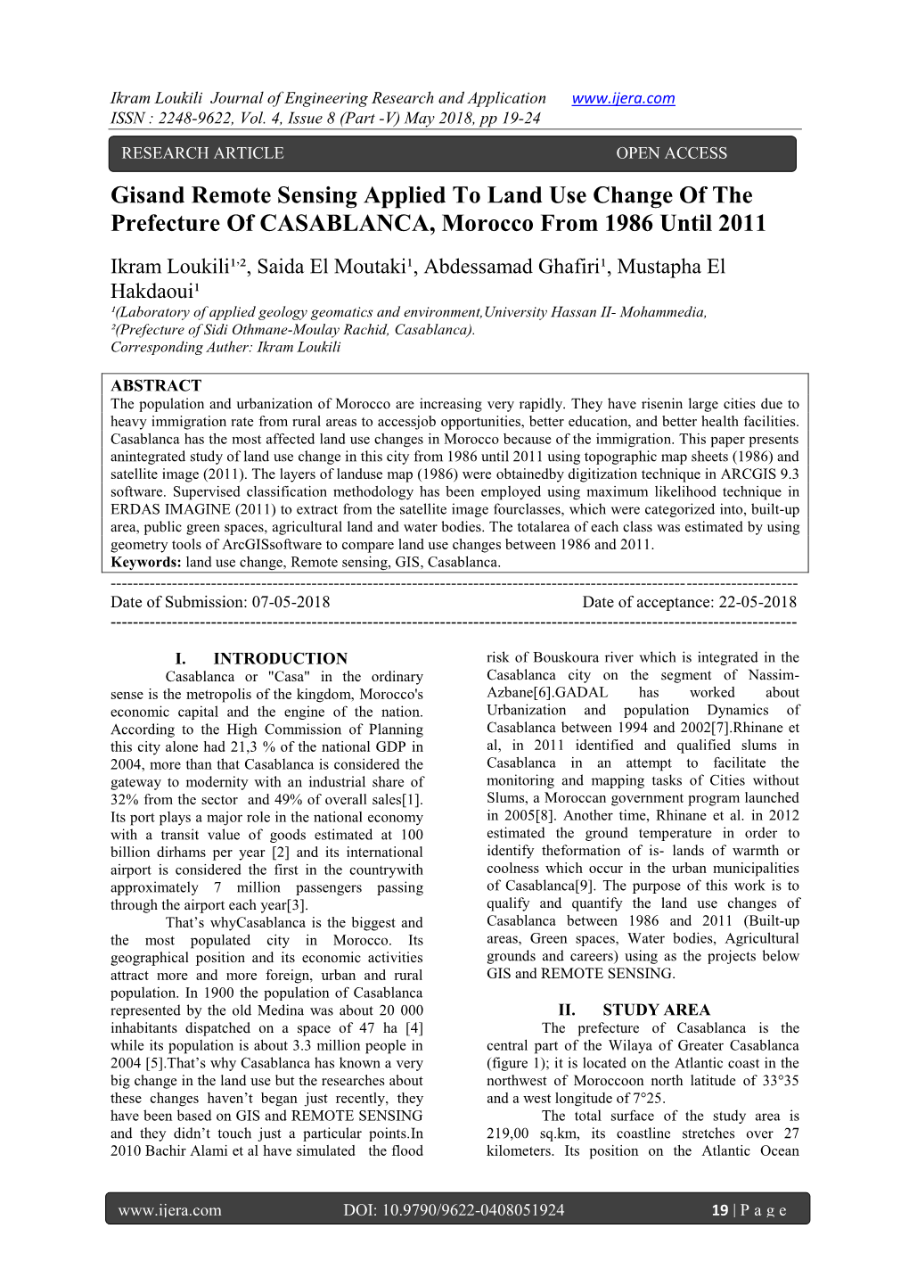 Gisand Remote Sensing Applied to Land Use Change of the Prefecture of CASABLANCA, Morocco from 1986 Until 2011