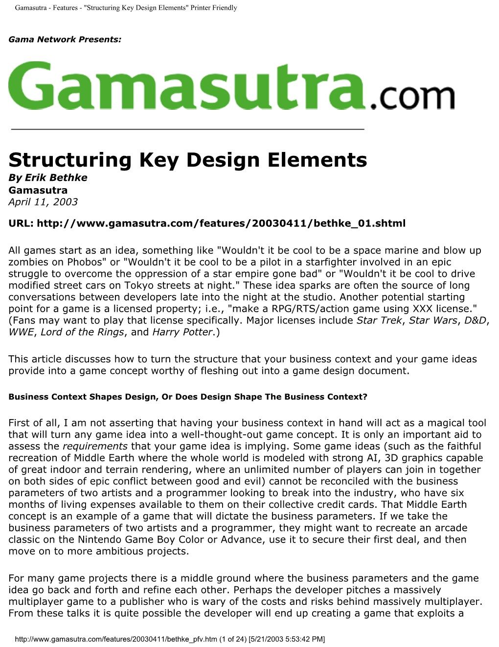 Gamasutra - Features - "Structuring Key Design Elements" Printer Friendly