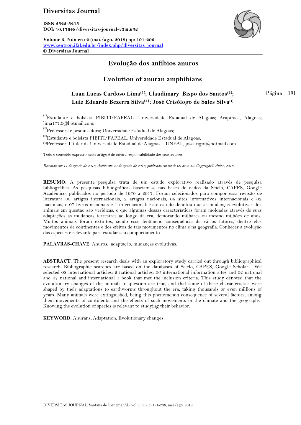 Diversitas Journal Evolução Dos Anfíbios Anuros Evolution of Anuran