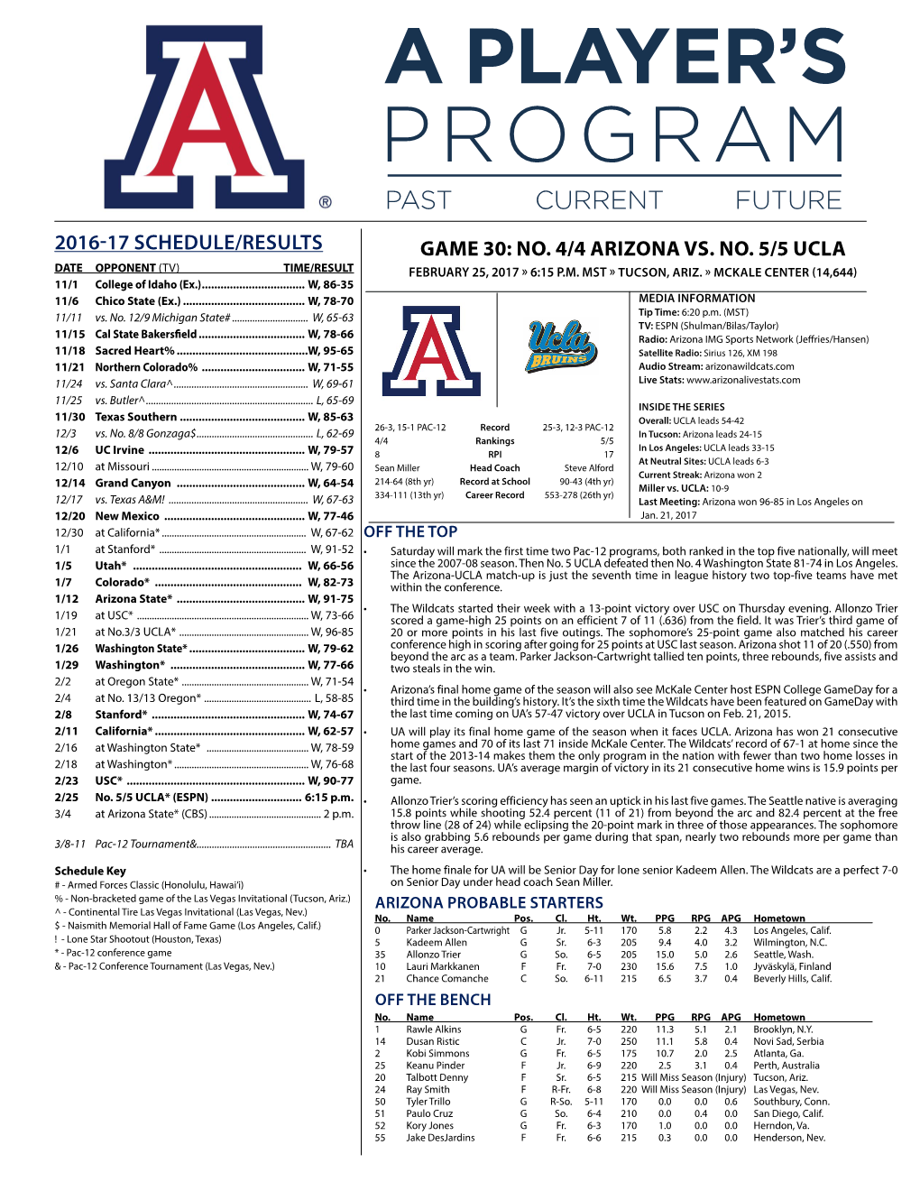 No. 4/4 Arizona Vs. No. 5/5 Ucla Date Opponent (Tv) Time/Result February 25, 2017 » 6:15 P.M