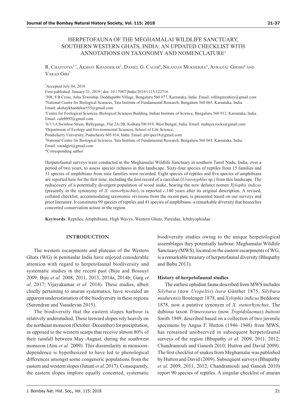 Herpetofauna of the Meghamalai Wildlife Sanctuary, Southern Western Ghats, India: an Updated Checklist with Annotations on Taxonomy and Nomenclature1