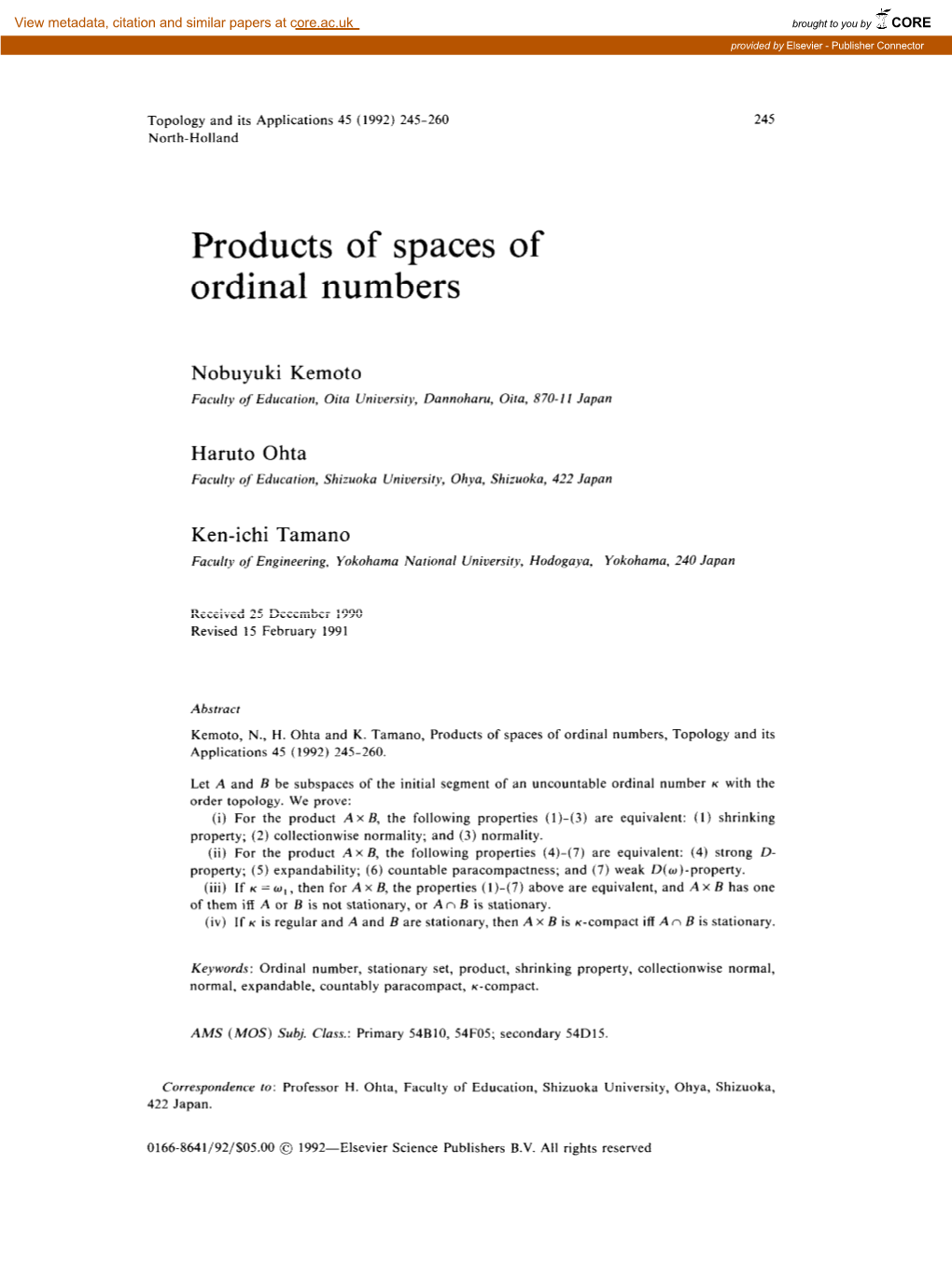 Products of Spaces of Ordinal Numbers