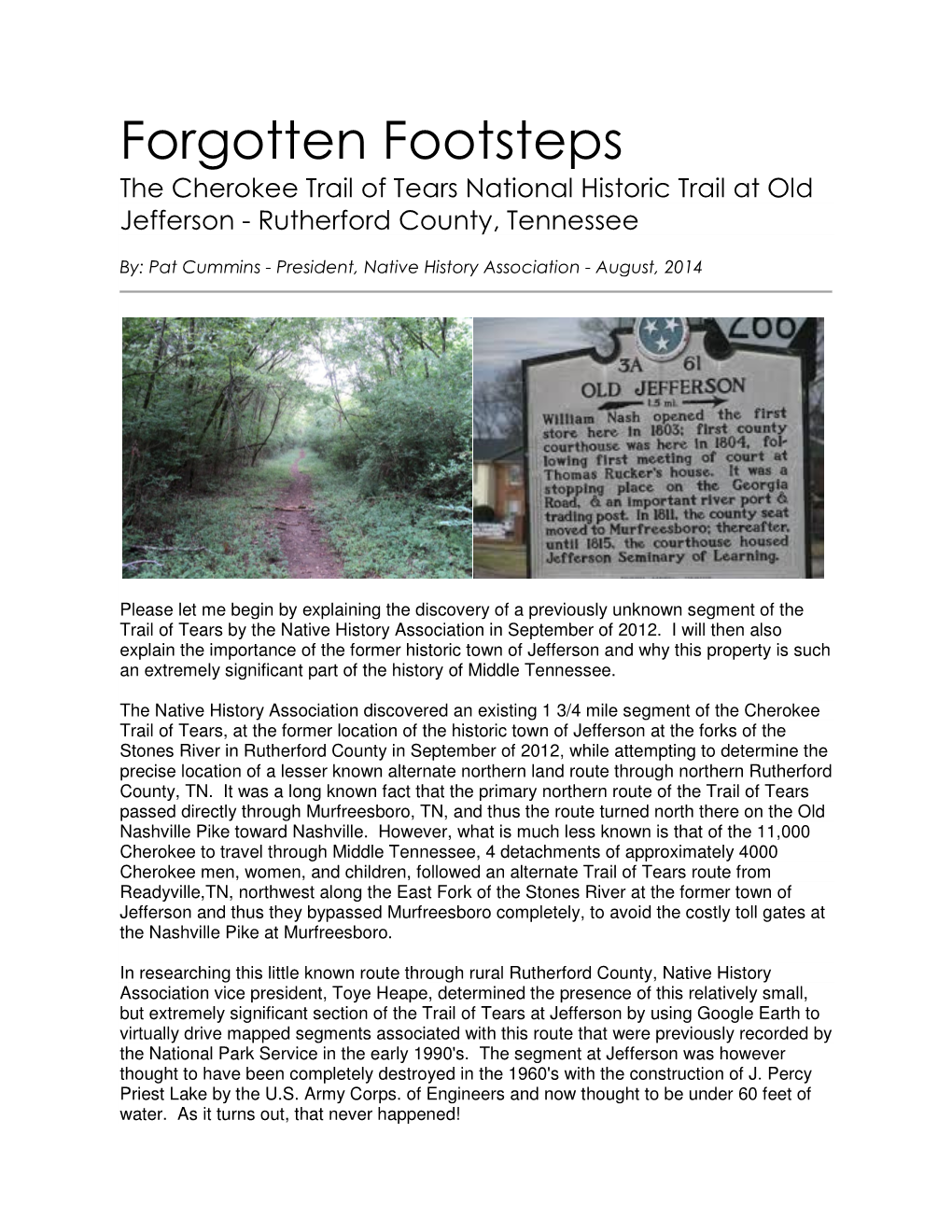 Forgotten Footsteps the Cherokee Trail of Tears National Historic Trail at Old Jefferson - Rutherford County, Tennessee