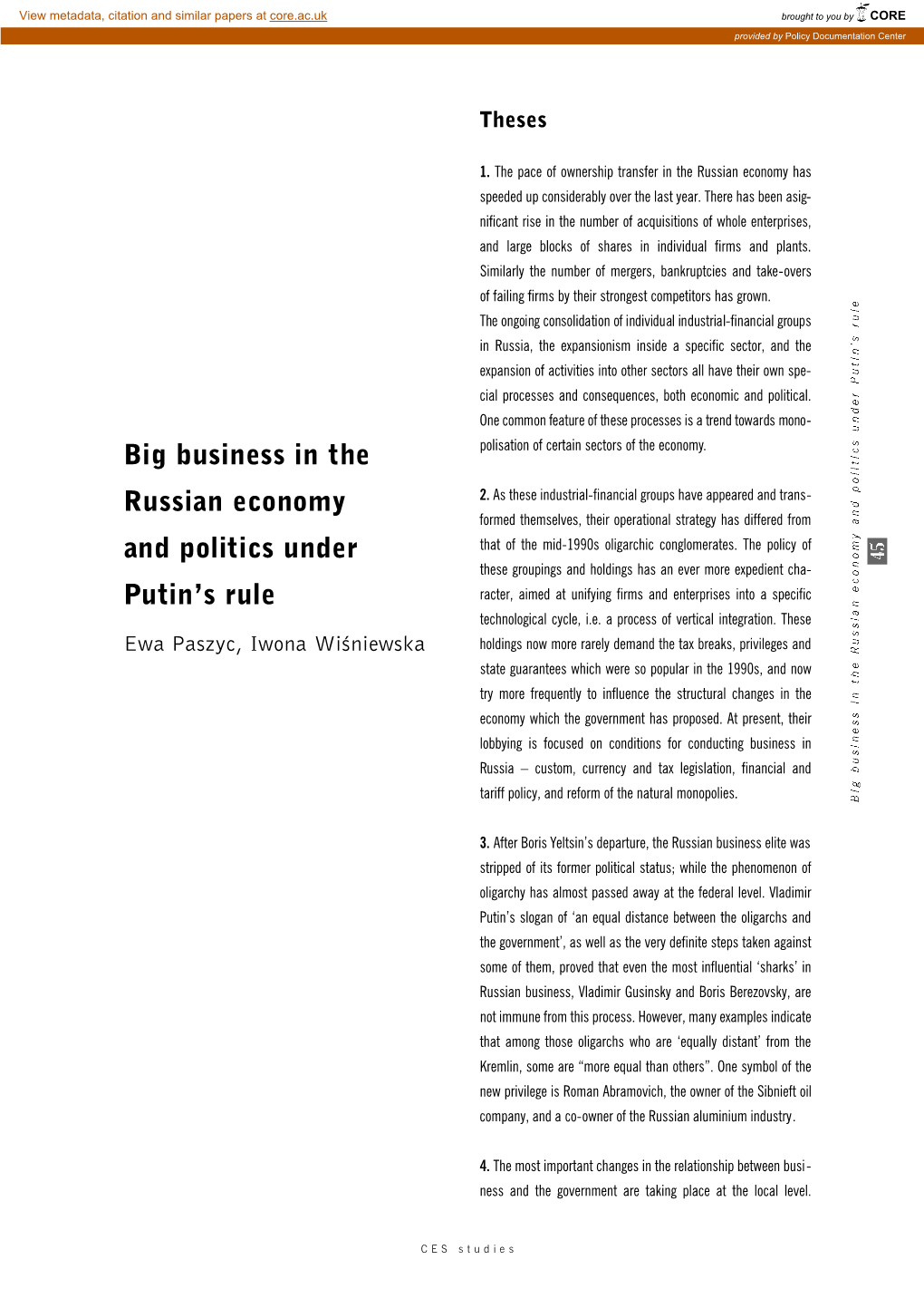 Big Business in the Russian Economy and Politics Under Putin's Rule