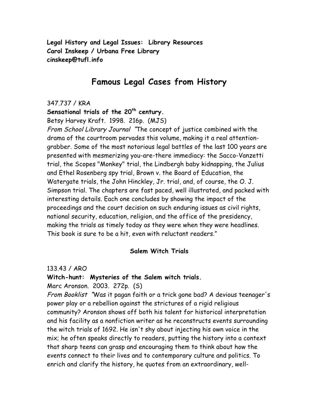 Carol Inskeep's Book List on Legal History