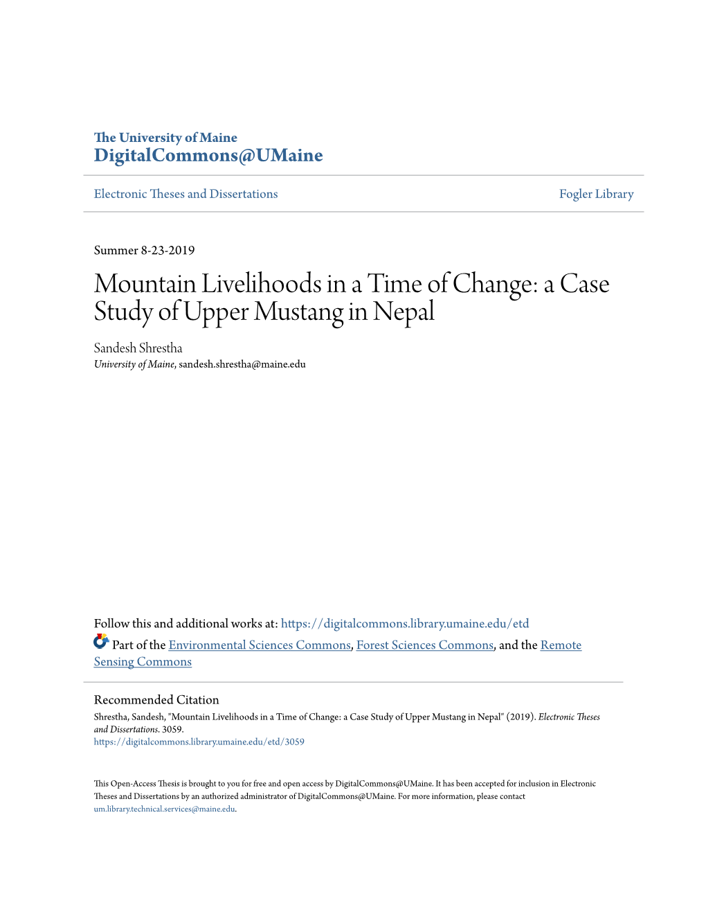 A Case Study of Upper Mustang in Nepal Sandesh Shrestha University of Maine, Sandesh.Shrestha@Maine.Edu