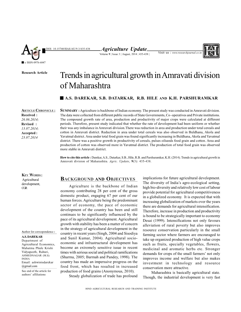 Trends in Agricultural Growth in Amravati Division of Maharashtra