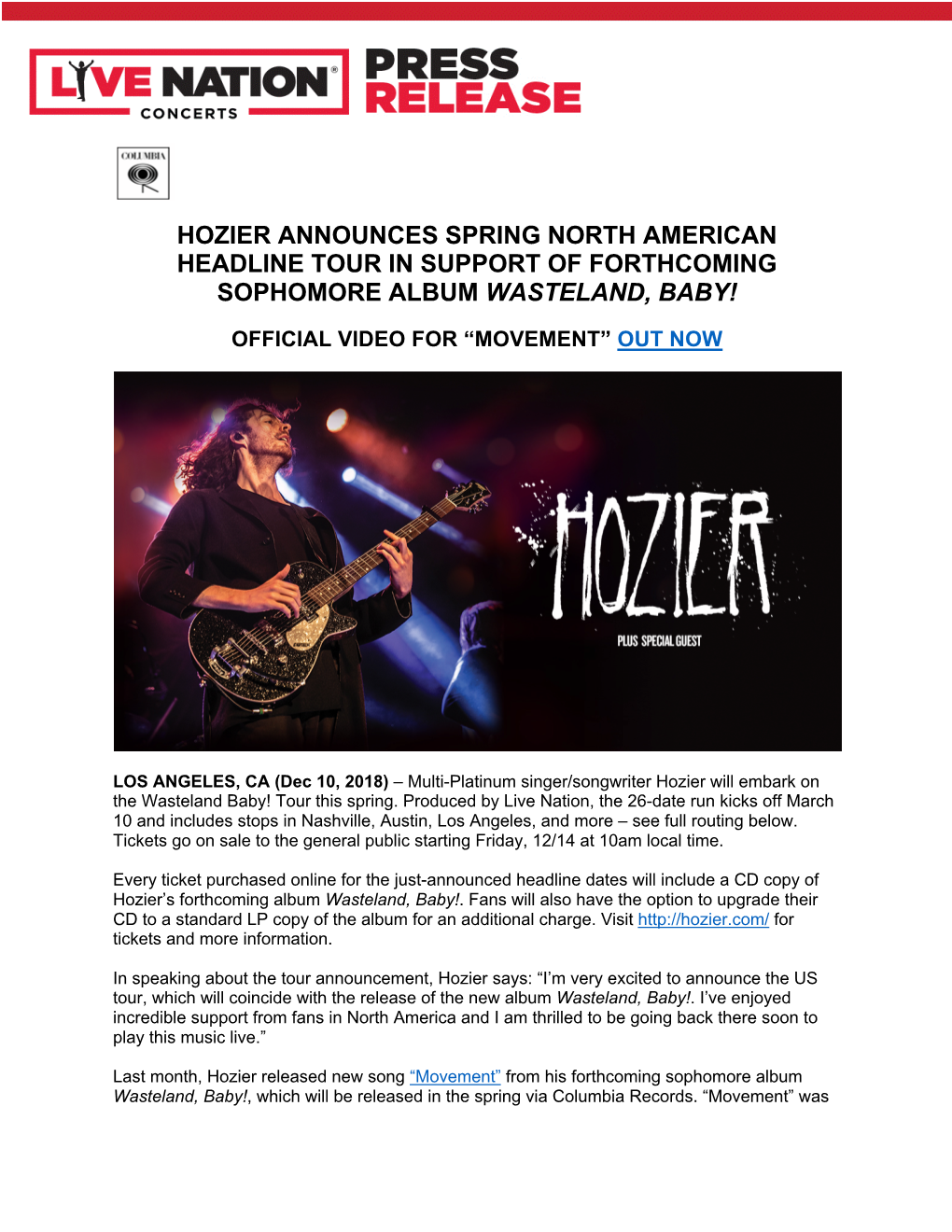 Hozier Announces Spring North American Headline Tour in Support of Forthcoming Sophomore Album Wasteland, Baby!