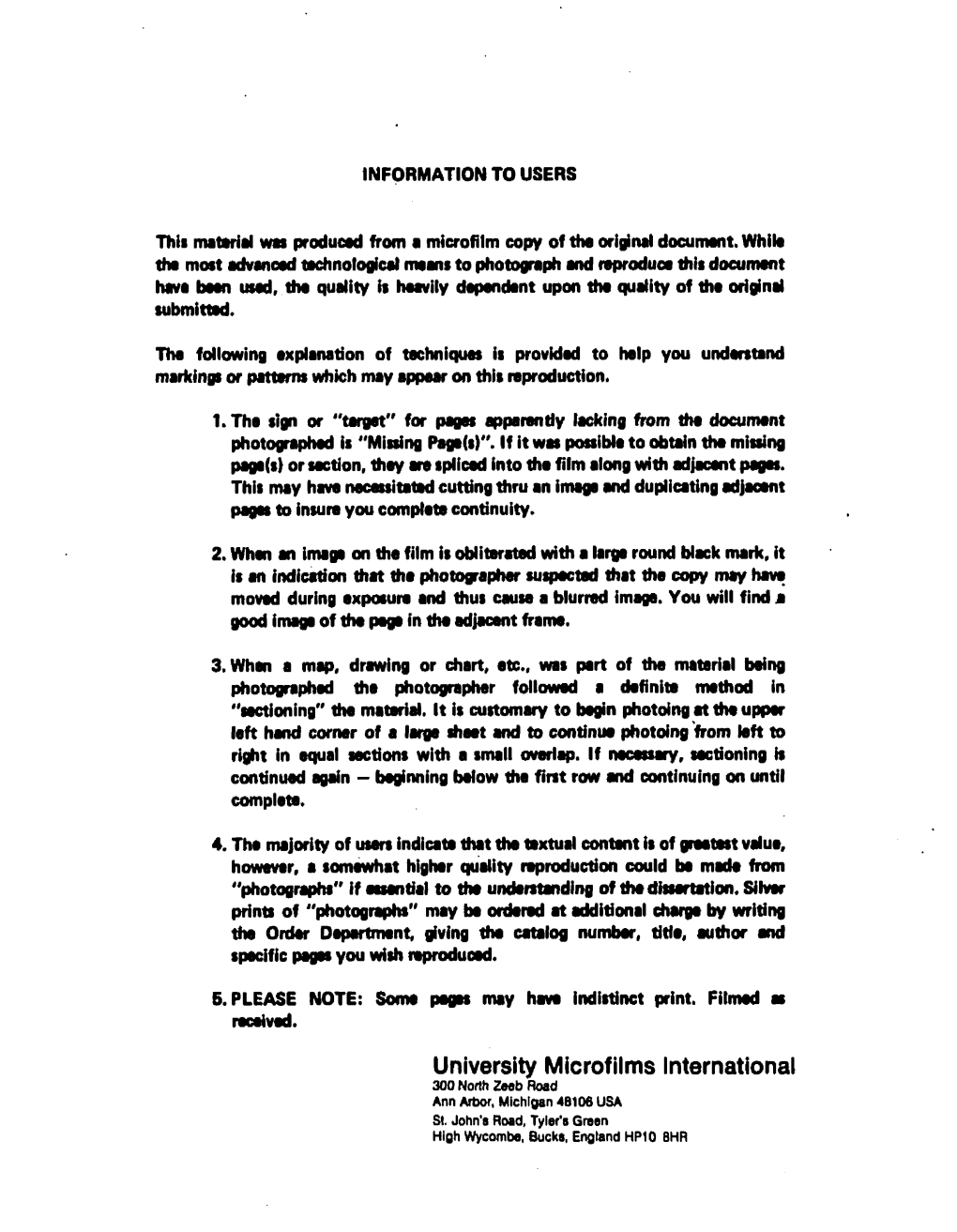 University Microfilms International 300 North Zeeb Road Ann Arbor