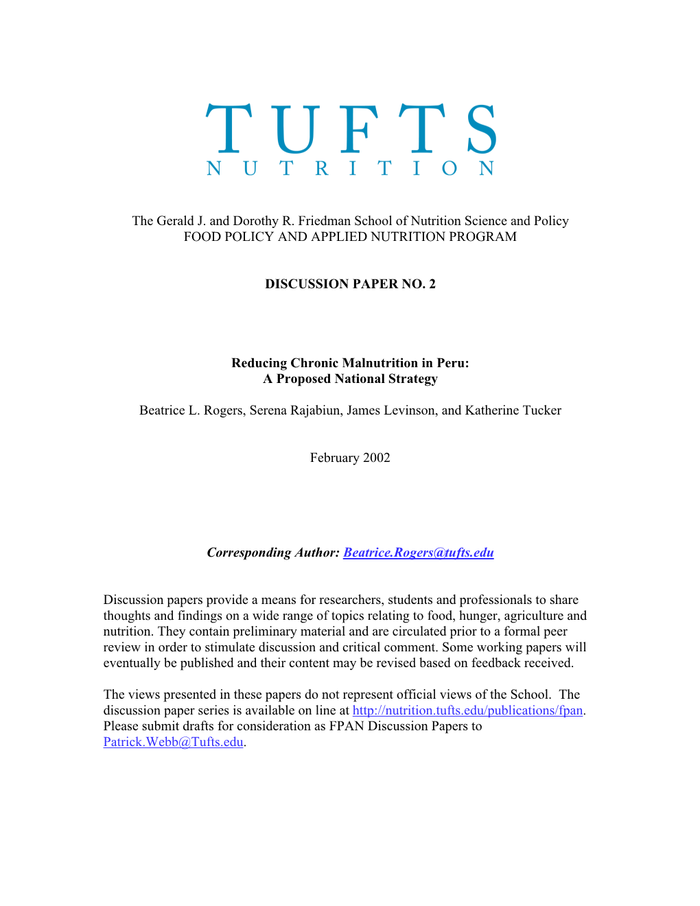 Reducing Chronic Malnutrition in Peru: a Proposed National Strategy