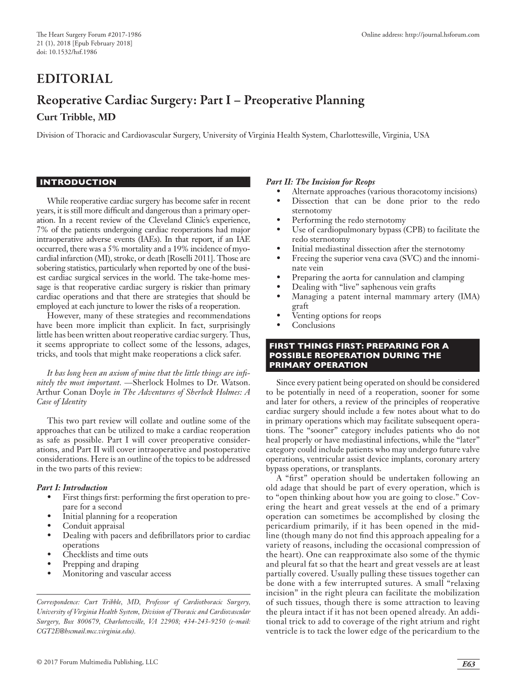 EDITORIAL Reoperative Cardiac Surgery: Part I – Preoperative Planning Curt Tribble, MD