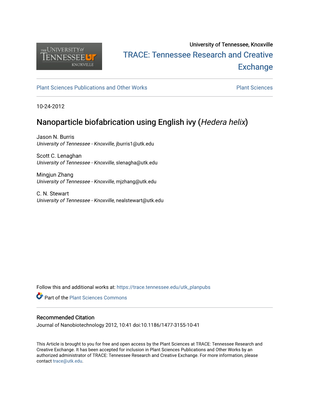 Nanoparticle Biofabrication Using English Ivy (Hedera Helix)