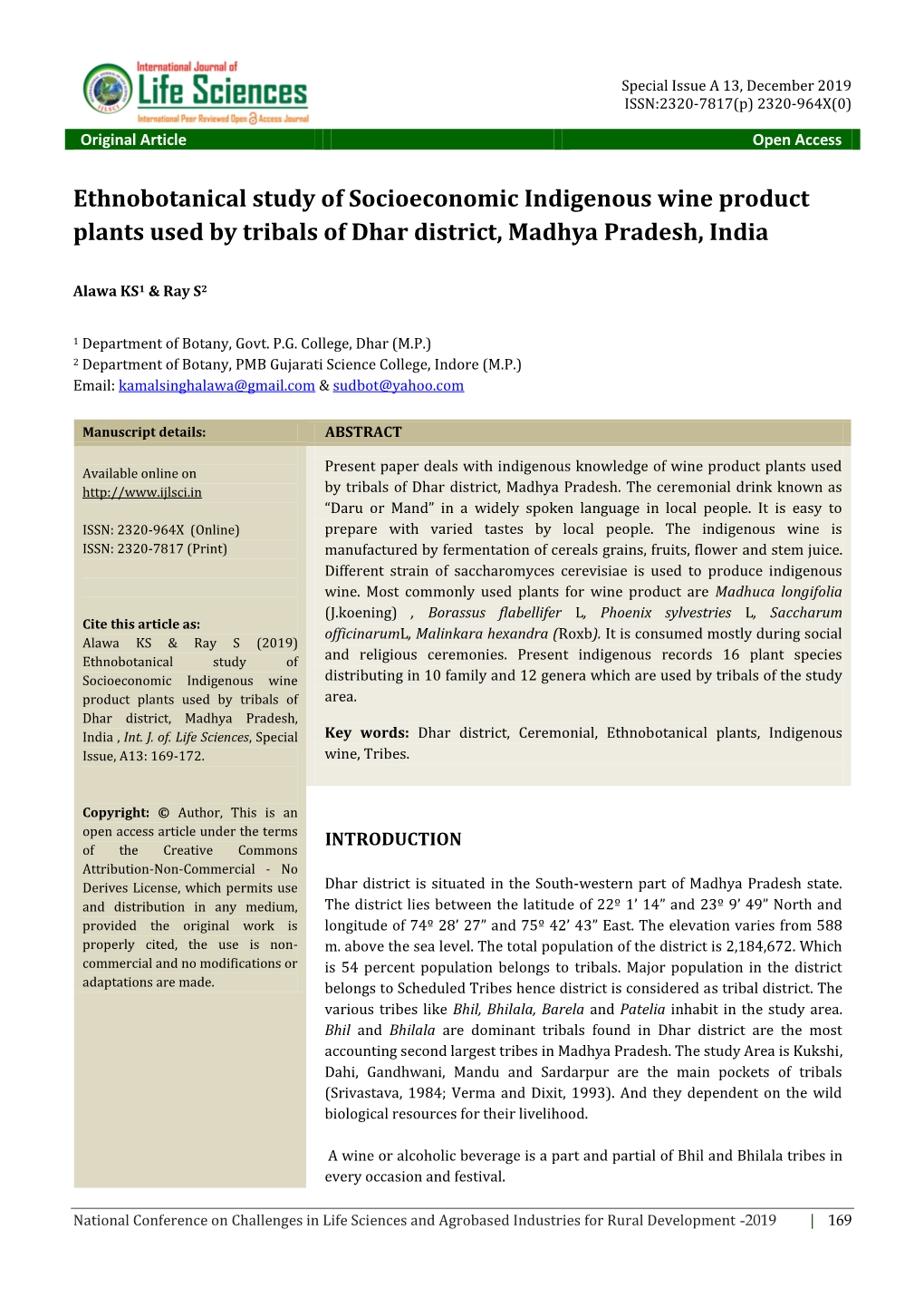 Ethnobotanical Study of Socioeconomic Indigenous Wine Product Plants Used by Tribals of Dhar District, Madhya Pradesh, India