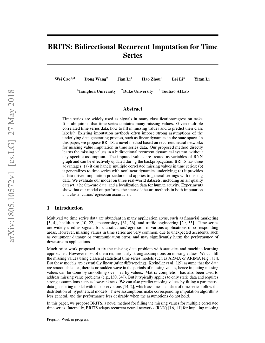 BRITS: Bidirectional Recurrent Imputation for Time Series