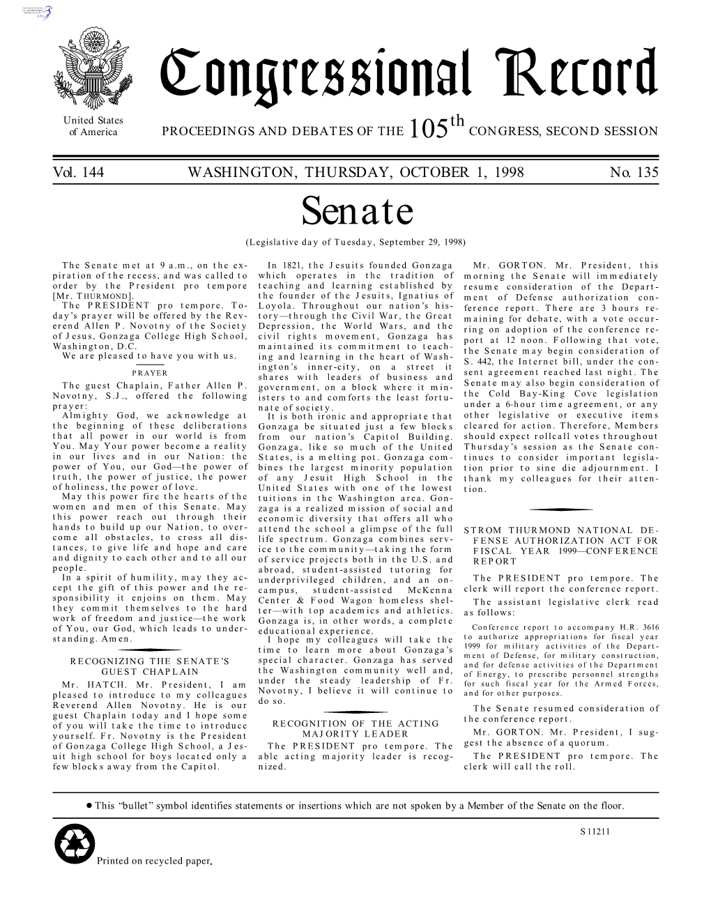 Senate (Legislative Day of Tuesday, September 29, 1998)