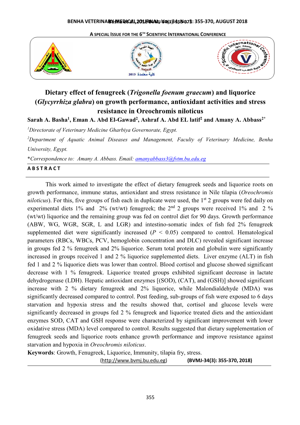 Trigonella Foenum Graecum) and Liquorice (Glycyrrhiza Glabra) on Growth Performance, Antioxidant Activities and Stress Resistance in Oreochromis Niloticus Sarah A