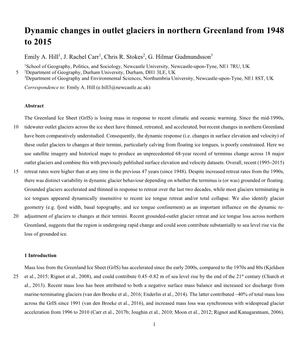 Dynamic Changes in Outlet Glaciers in Northern Greenland from 1948 to 2015