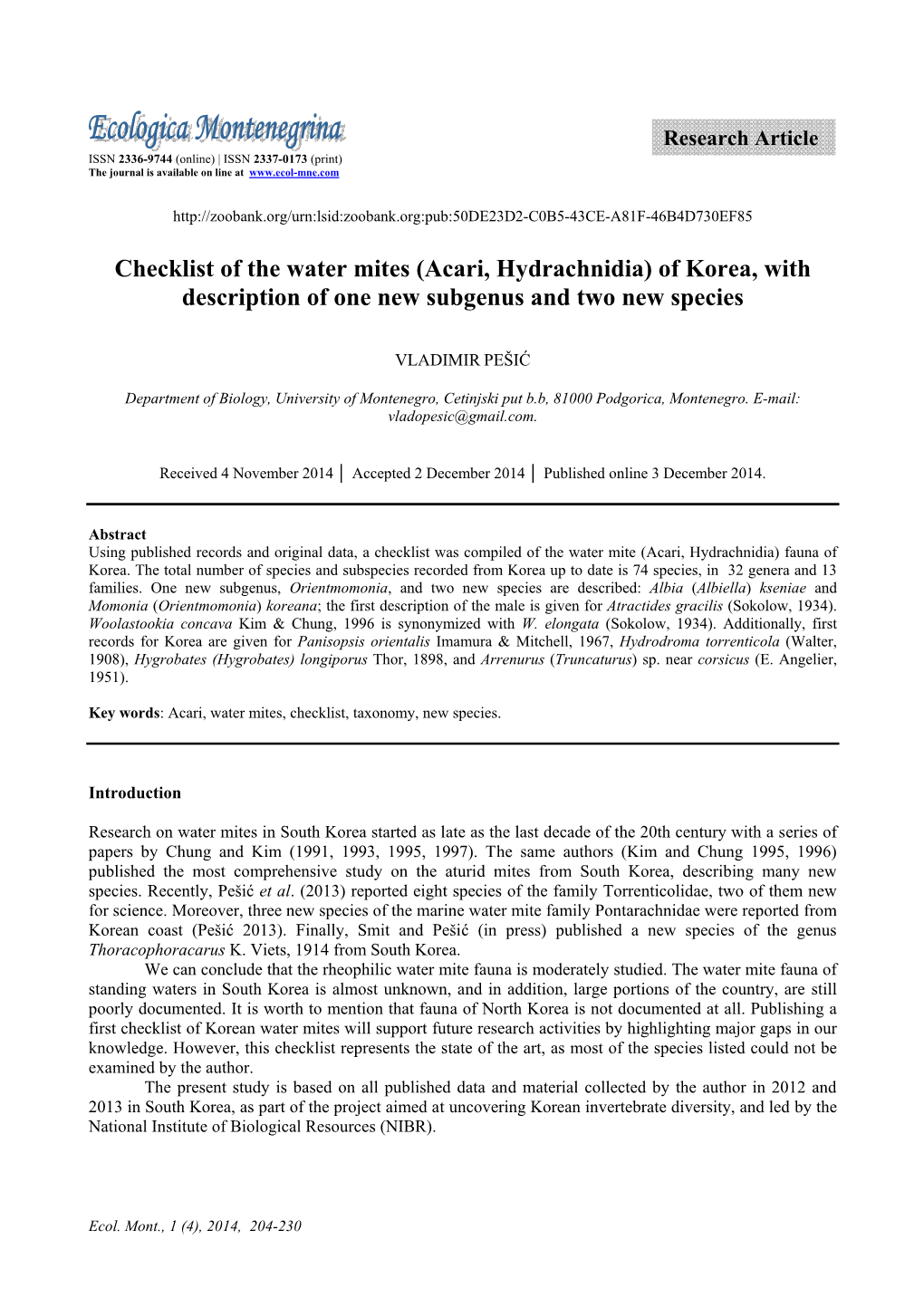 Checklist of the Water Mites (Acari, Hydrachnidia) of Korea, with Description of One New Subgenus and Two New Species