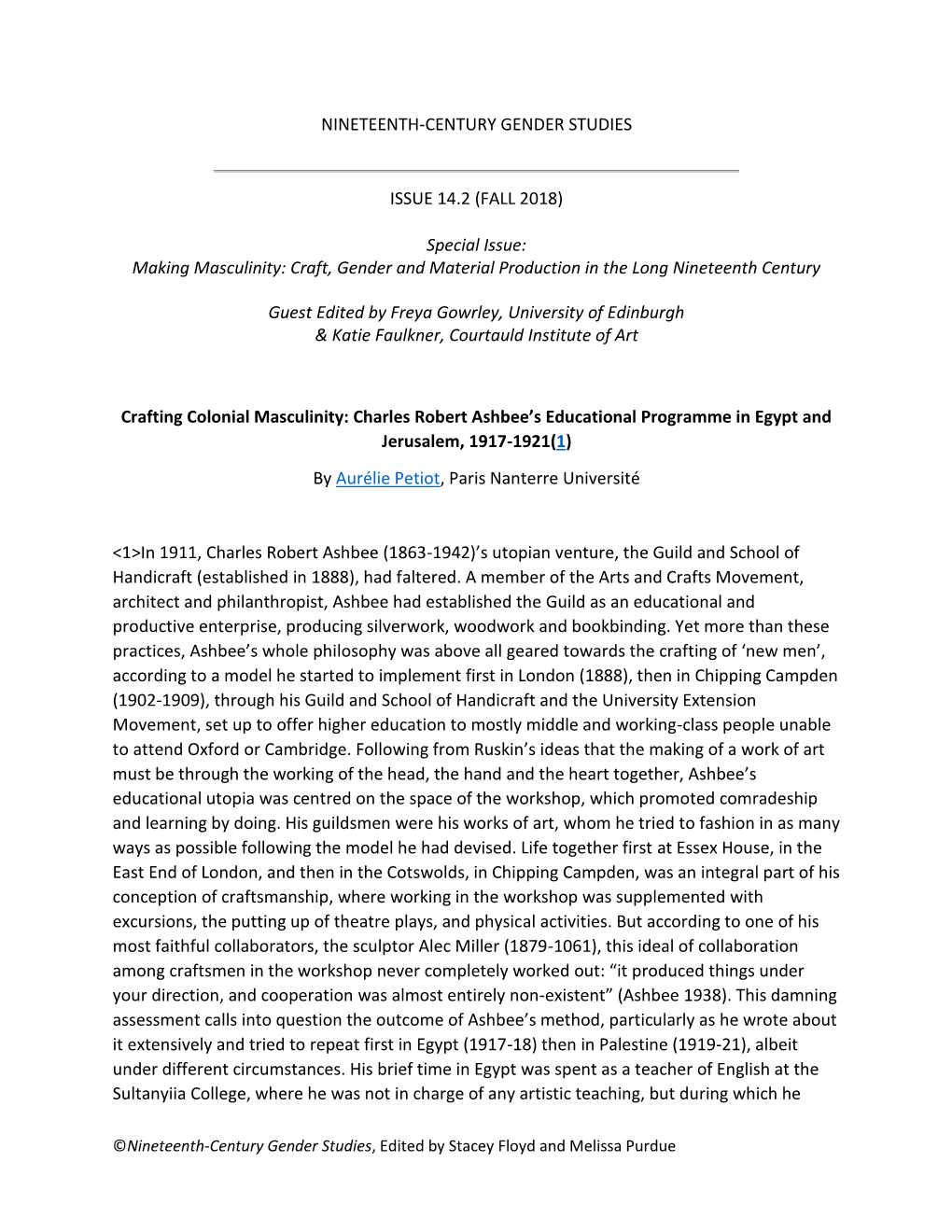 NINETEENTH-CENTURY GENDER STUDIES ISSUE 14.2 (FALL 2018) Special Issue: Making Masculinity: Craft, Gender and Material Productio