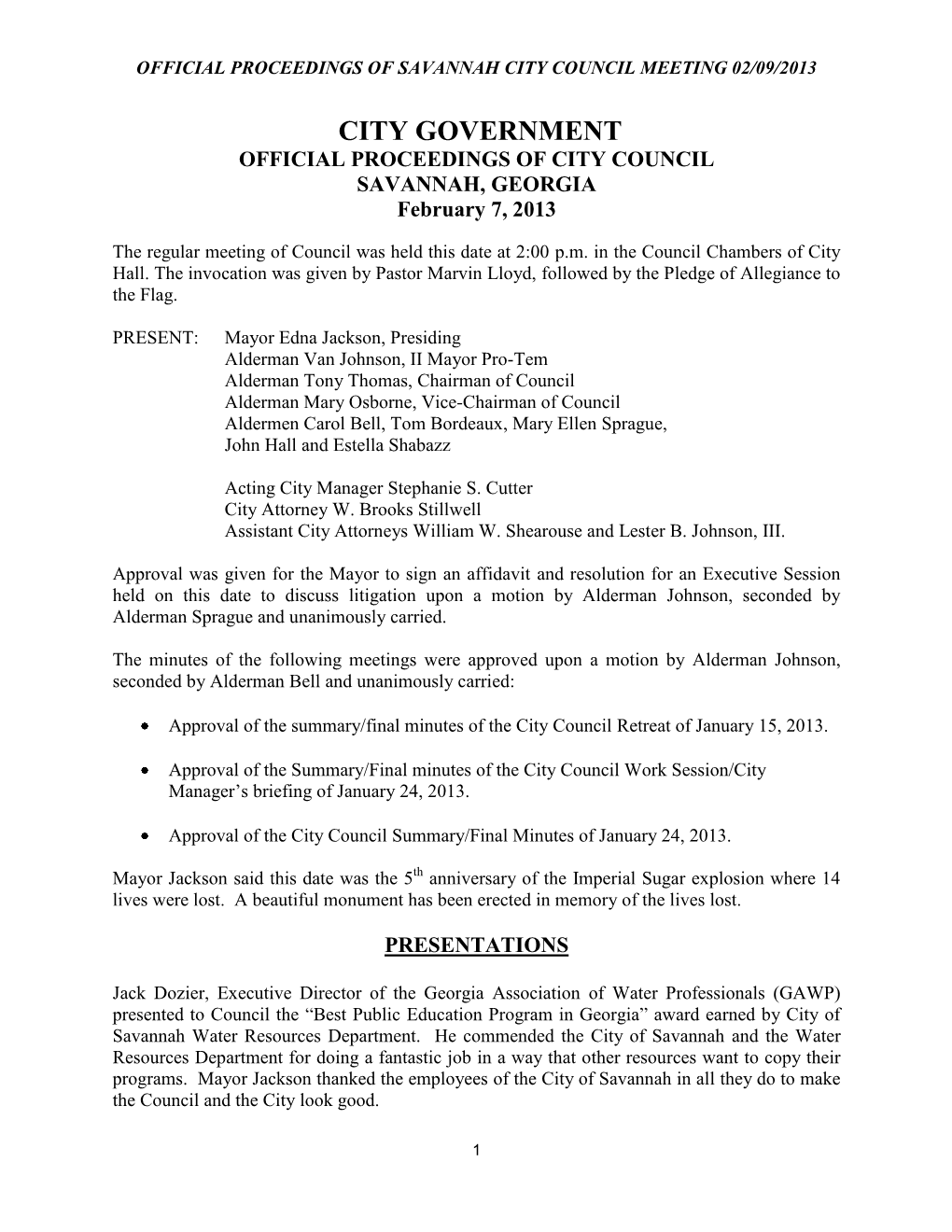 CITY GOVERNMENT OFFICIAL PROCEEDINGS of CITY COUNCIL SAVANNAH, GEORGIA February 7, 2013