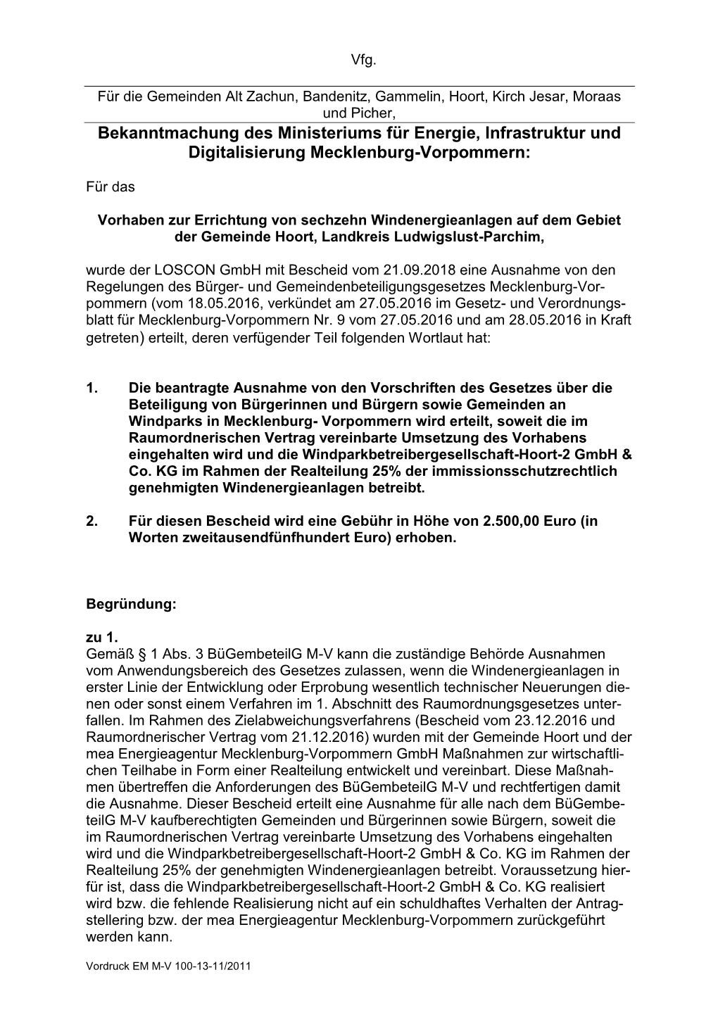 Bekanntmachung Des Ministeriums Für Energie, Infrastruktur Und Digitalisierung Mecklenburg-Vorpommern
