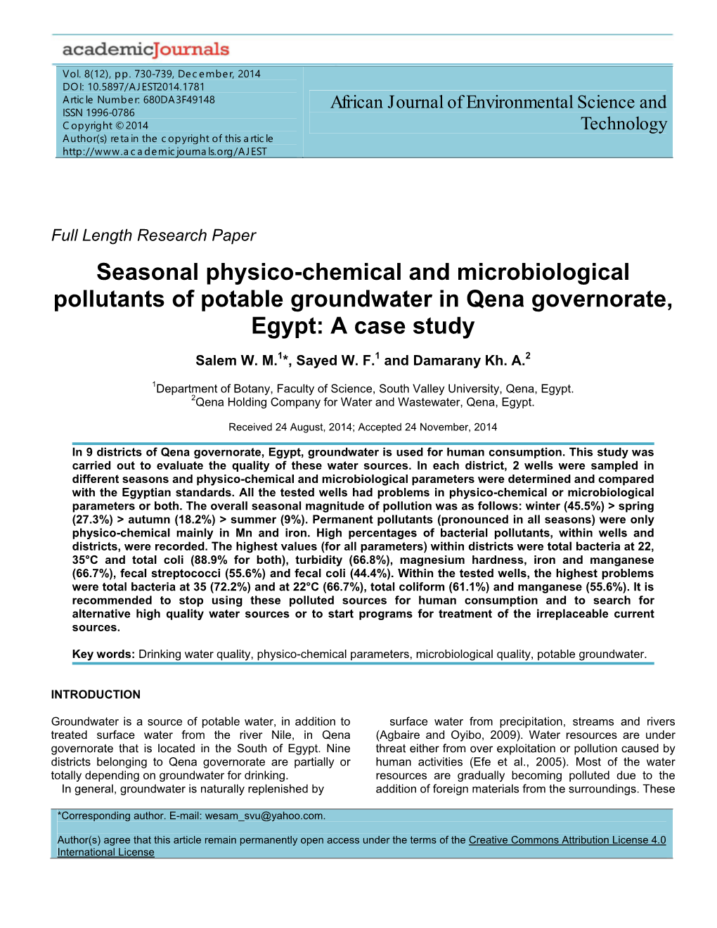 Seasonal Physico-Chemical and Microbiological Pollutants of Potable Groundwater in Qena Governorate, Egypt: a Case Study