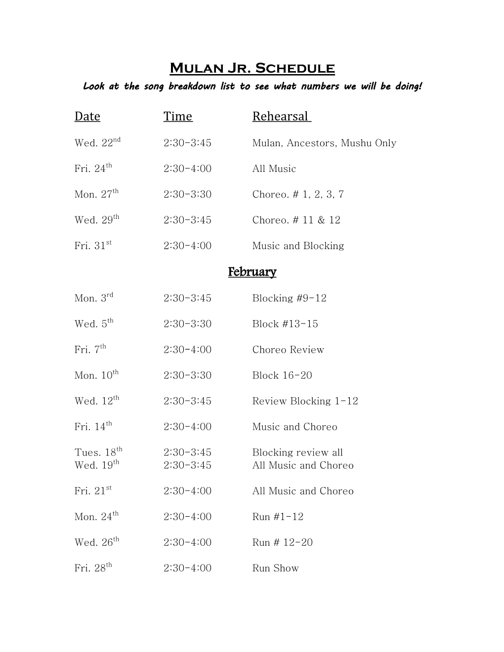 Mulan Jr. Schedule Look at the Song Breakdown List to See What Numbers We Will Be Doing!