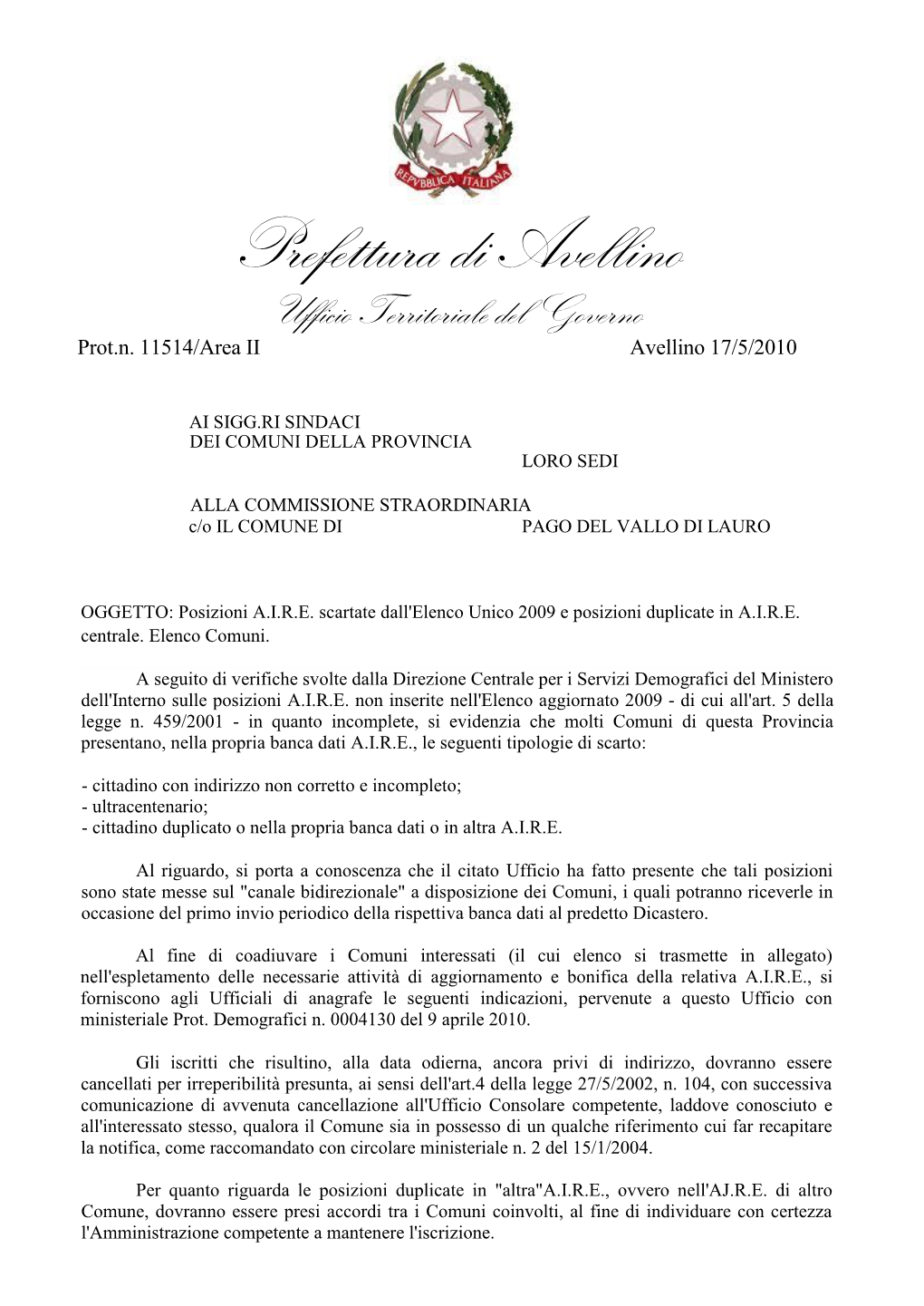 Prefettura Di Avellino Ufficio Territoriale Del Governo