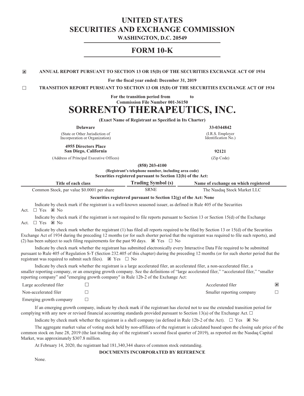 SORRENTO THERAPEUTICS, INC. (Exact Name of Registrant As Specified in Its Charter) Delaware 33-0344842 (State Or Other Jurisdiction of (I.R.S