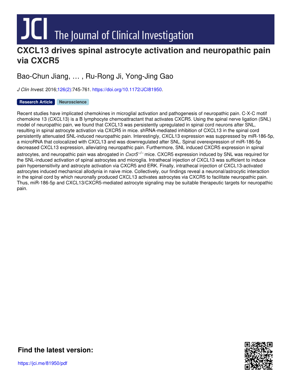 CXCL13 Drives Spinal Astrocyte Activation and Neuropathic Pain Via CXCR5